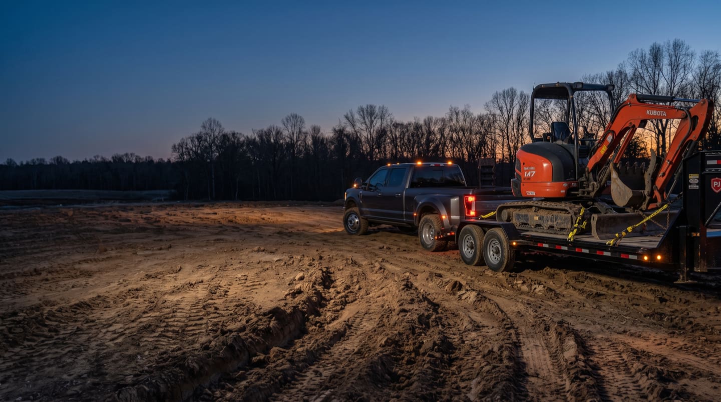 JZ Contracting truck and equipment trailer on a graded lot at dusk